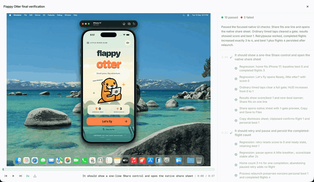 iOS シミュレータで Flappy Otter を実行する Devin の録画