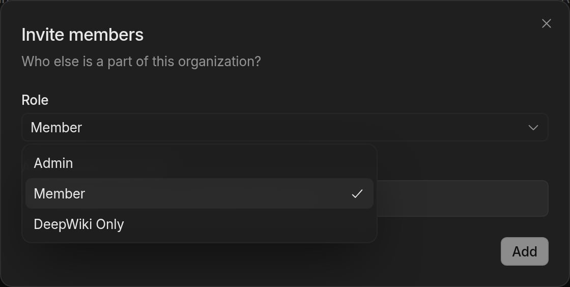 Invite members dialog with the Role dropdown expanded, showing Admin, Member, and DeepWiki Only