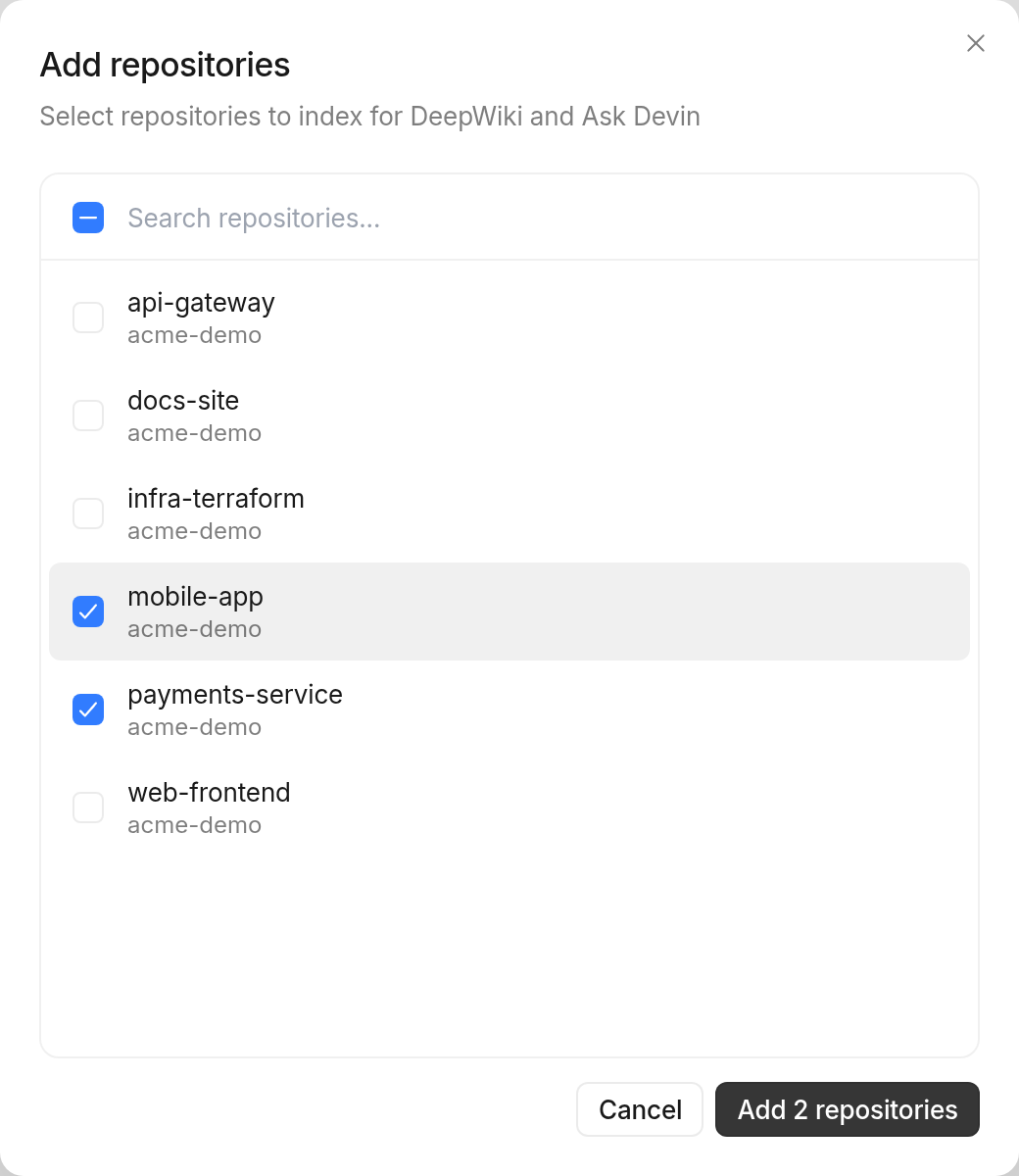 Add repositories dialog with multiple repositories selected