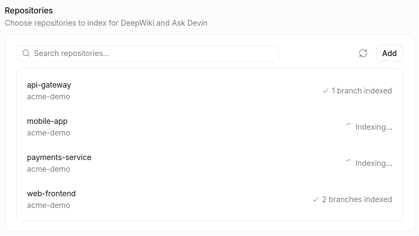 Repositories list showing repositories that are indexing and repositories that are indexed
