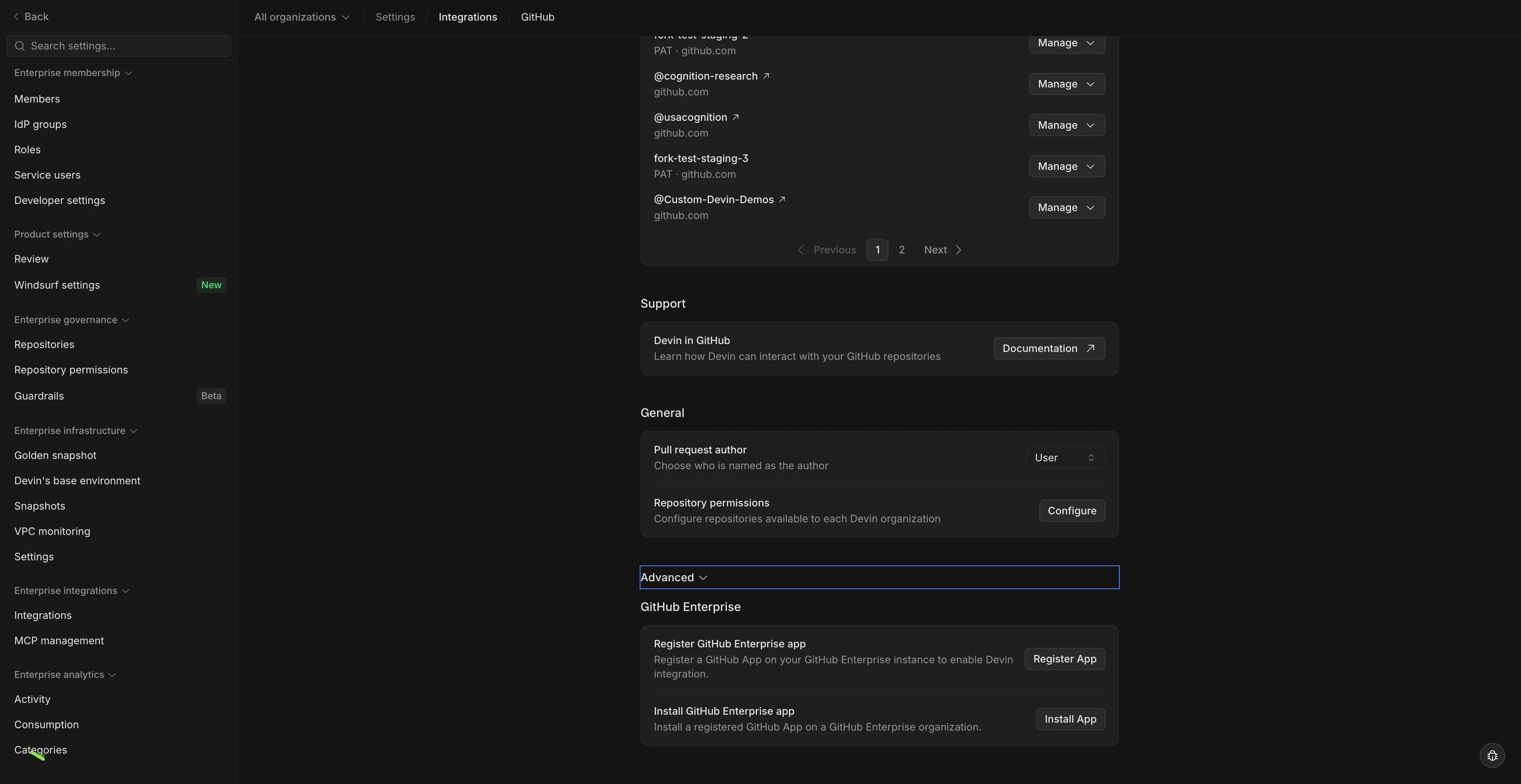 Erweiterter Abschnitt für GitHub Enterprise