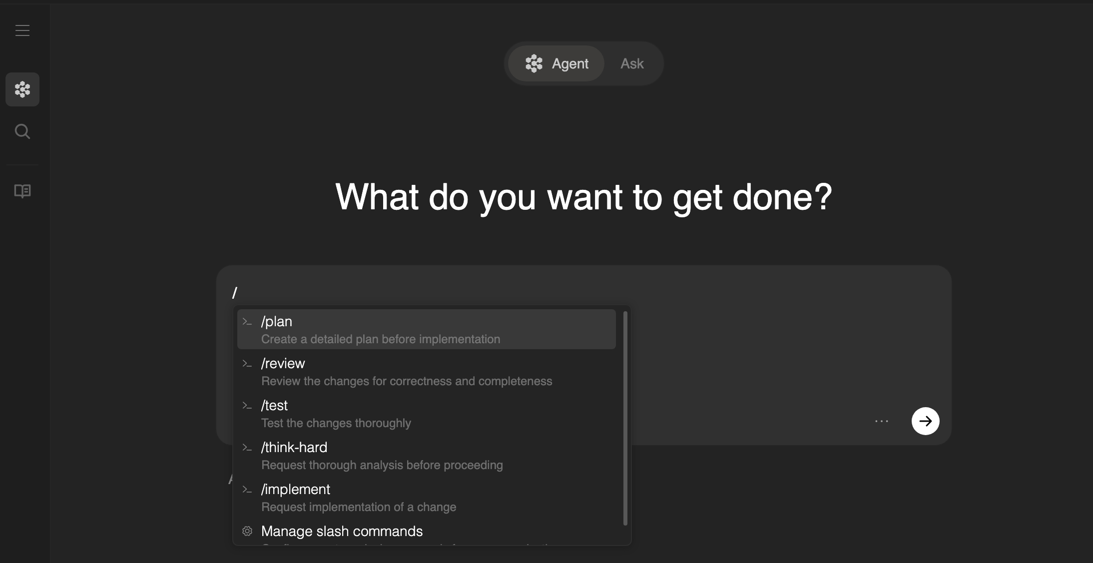 Menú desplegable de slash commands