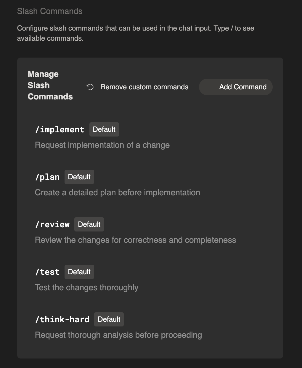 Interfaz de gestión de comandos slash