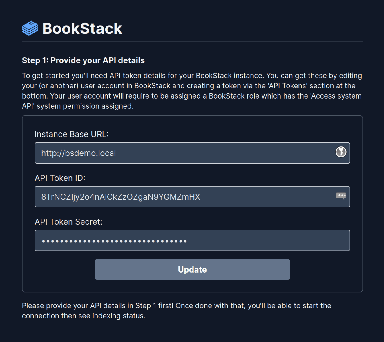 BookStack connector step 1 view