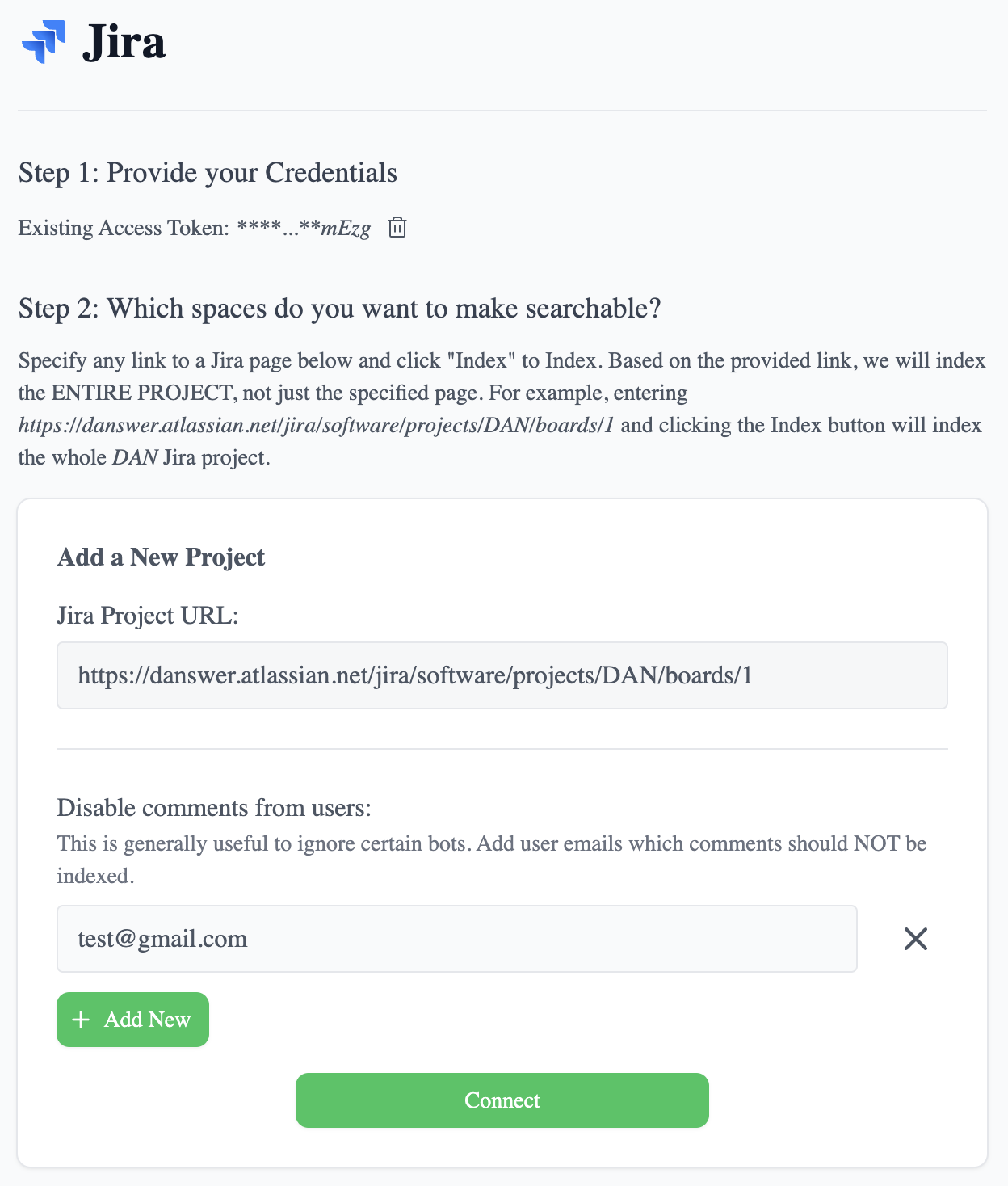 Jira indexing configuration showing project URLs and excluded commenters