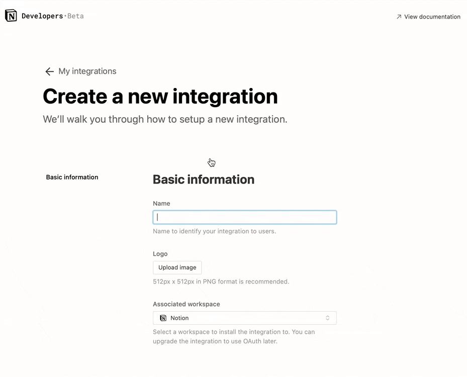 Creating a Notion internal integration in the Notion settings