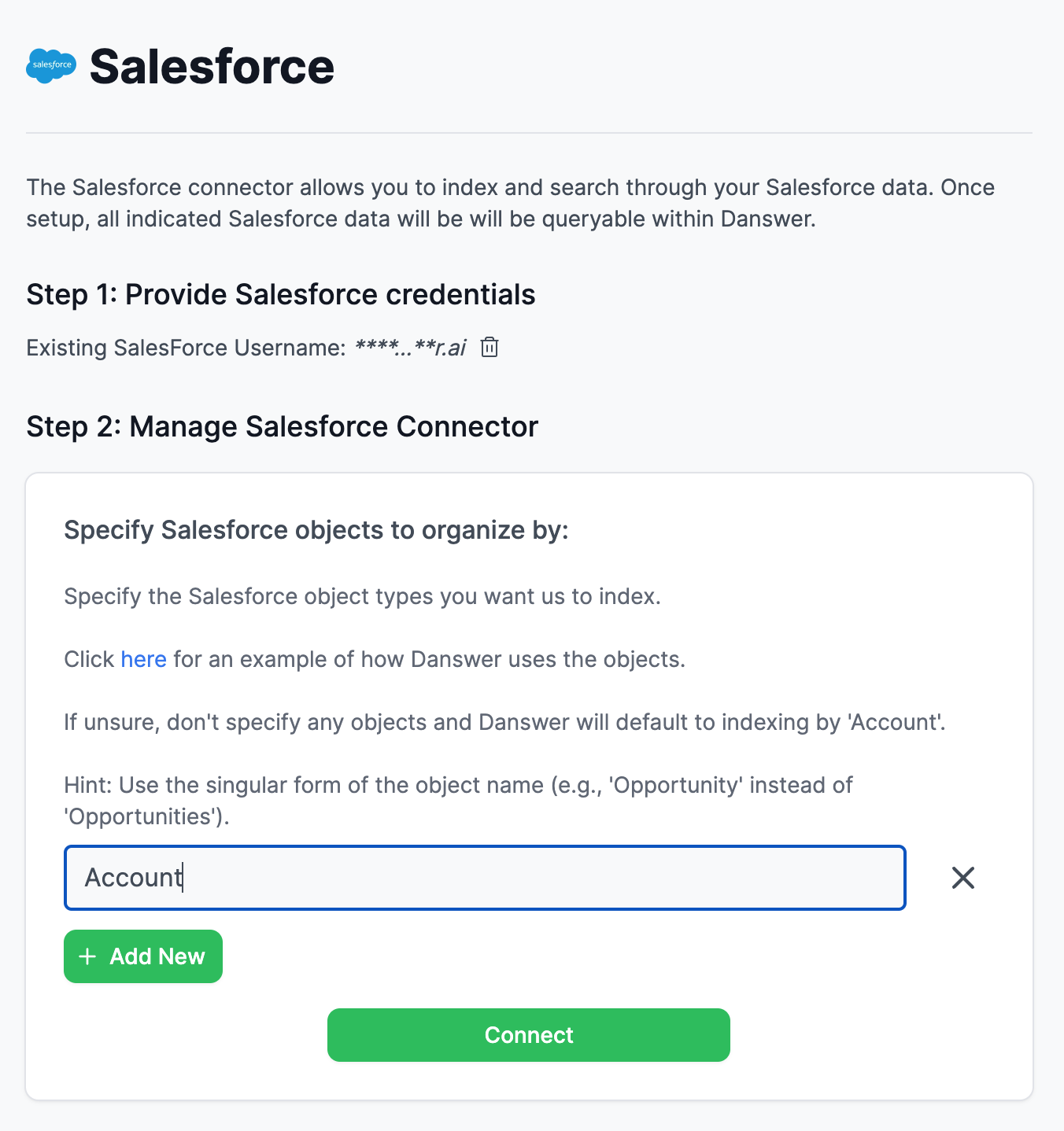 Nexus Salesforce connector example configuration using Account object
