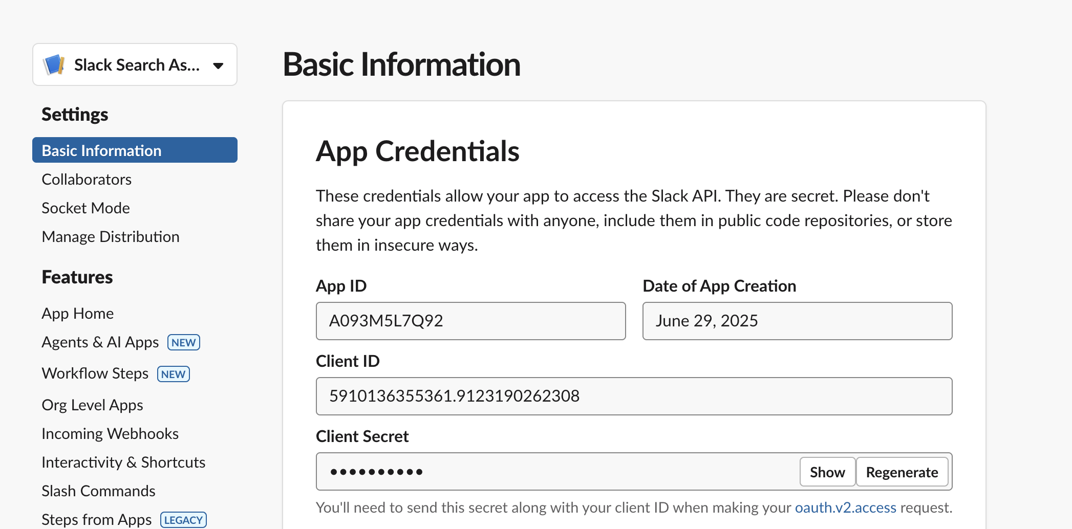 Slack Basic Information page with Client ID and Client Secret