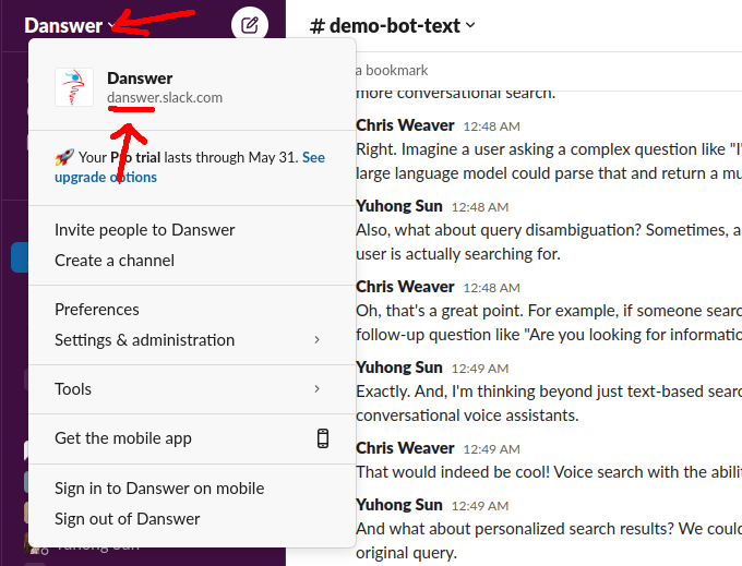 Locating the Slack workspace ID in the app configuration