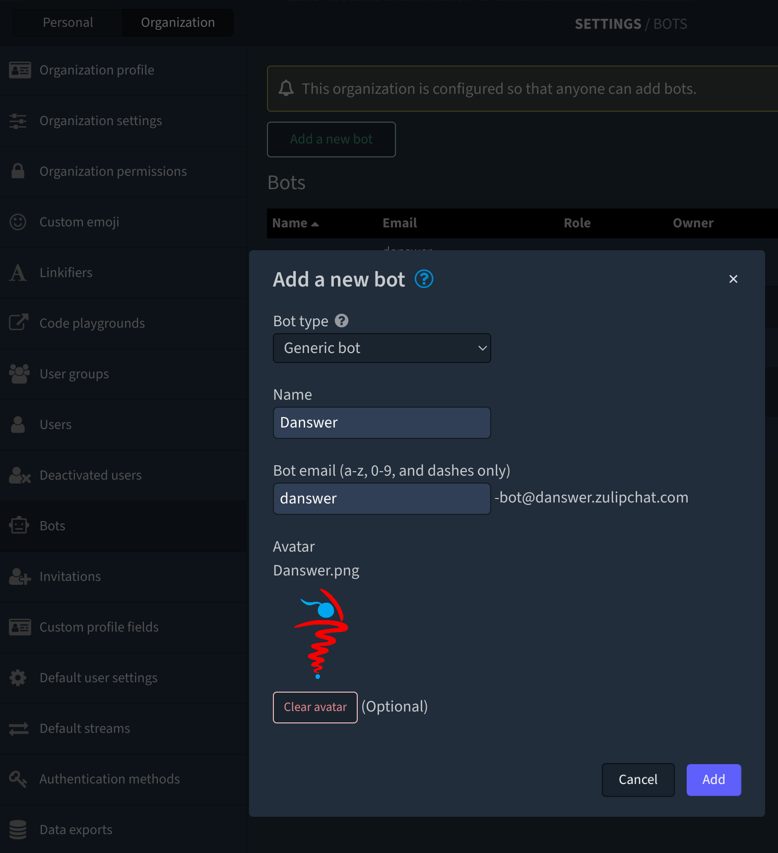 Creating a bot user in Zulip settings