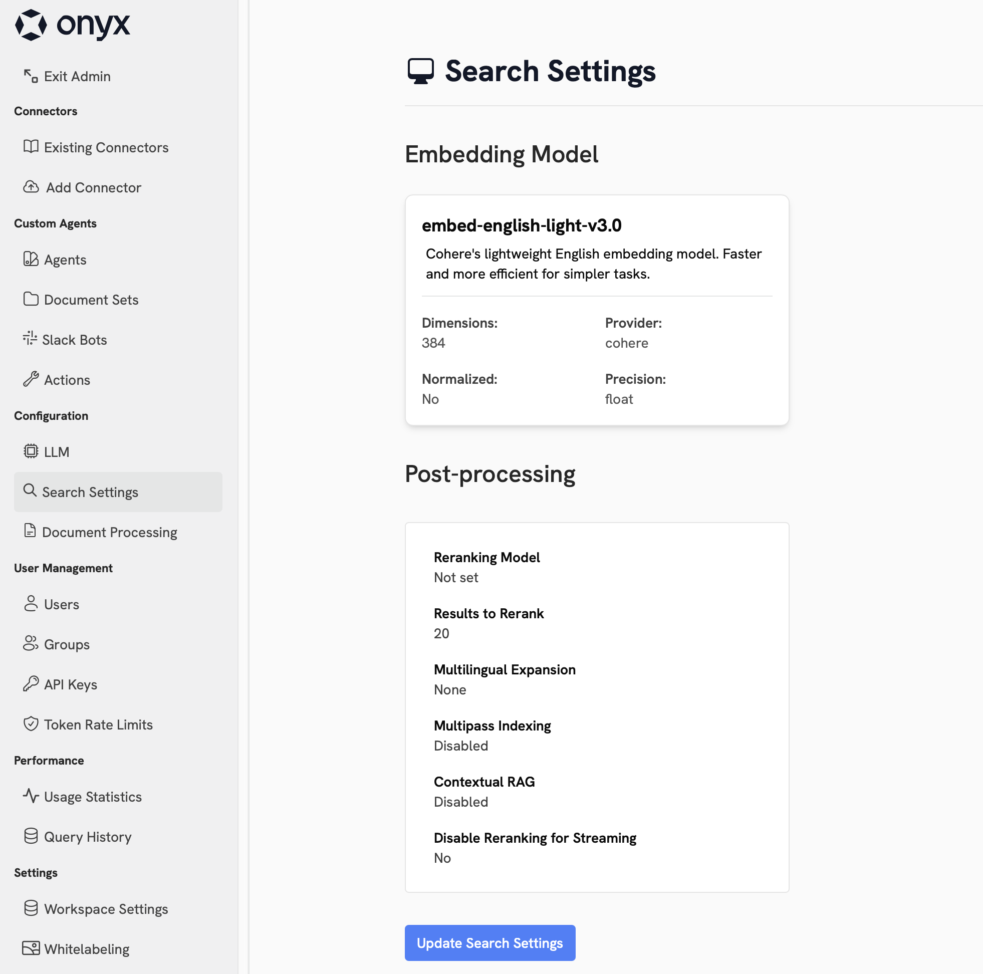 Search settings overview page