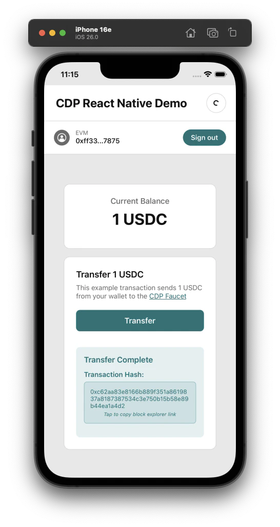 React Native wallet demo showing transaction flow