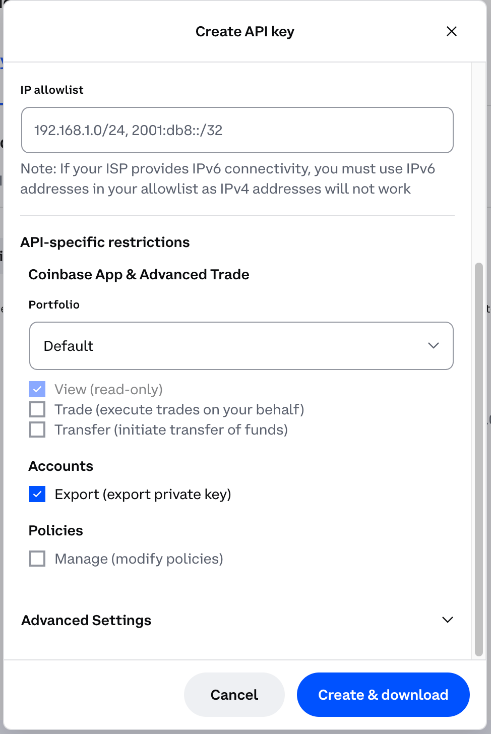 Export scope in API key configuration