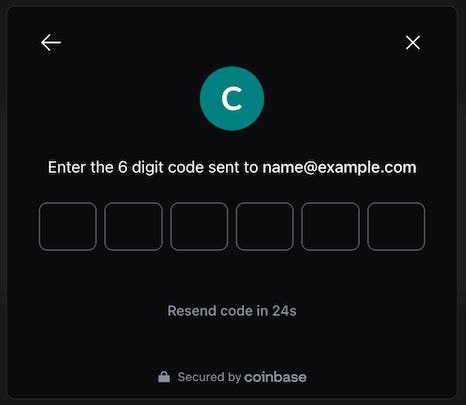 Step 2 of the user wallet sign-in flow, where the user must enter a 6-digit verification code sent to their email to complete authentication.