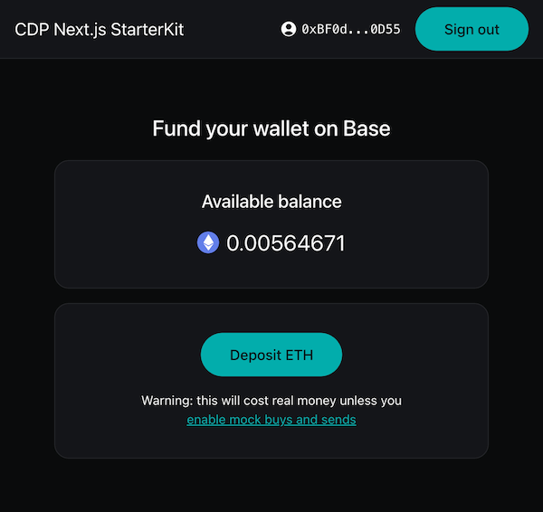 The demo app home page after a successful sign-in, displaying the user's wallet balance and an option to fund it on Base by depositing ETH.