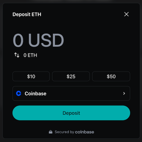 The funding modal, where the user can deposit ETH into their user wallet. The modal shows various deposit amounts and has 'Coinbase' selected as the payment method, with the ability to choose other options.