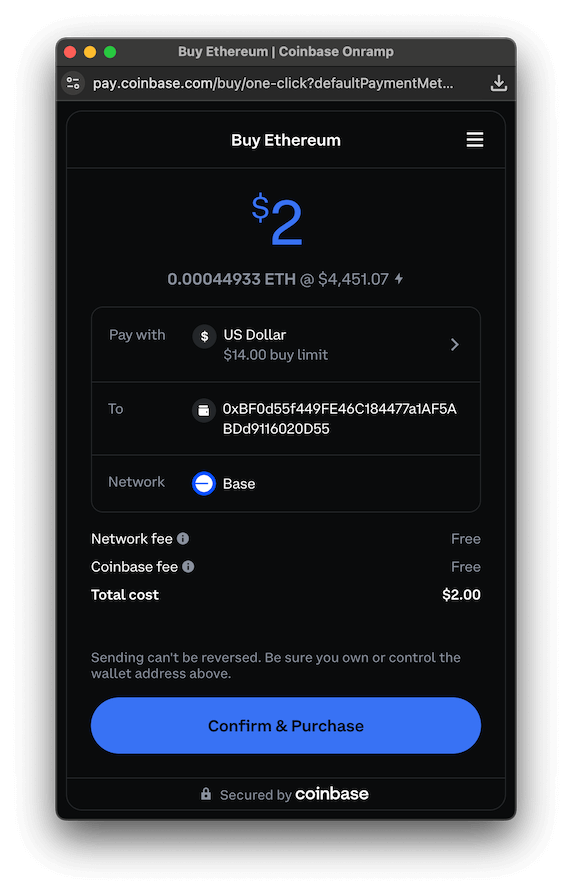 The Coinbase Onramp widget, where the user reviews transaction details like payment method, destination address, and total cost before confirming their purchase.