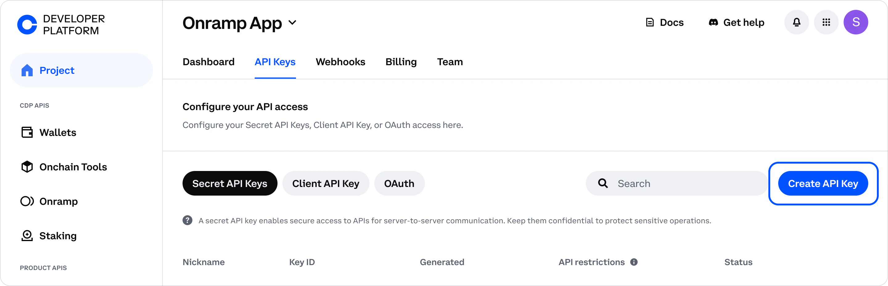 Create API Key button in CDP dashboard