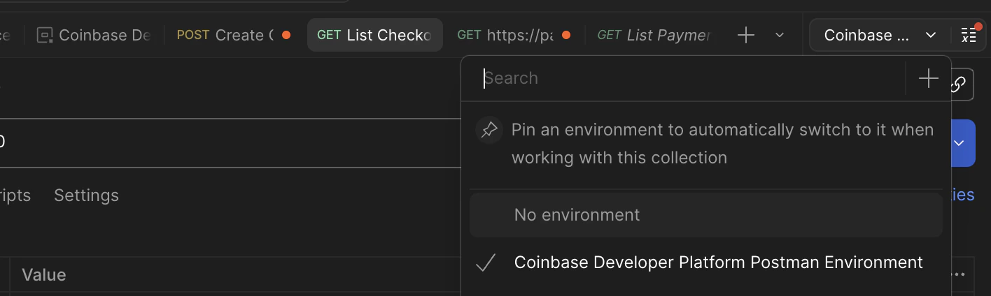 Postman request screen showing Coinbase Developer Platform Postman Environment