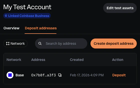 Deposit addresses tab showing list of deposit addresses