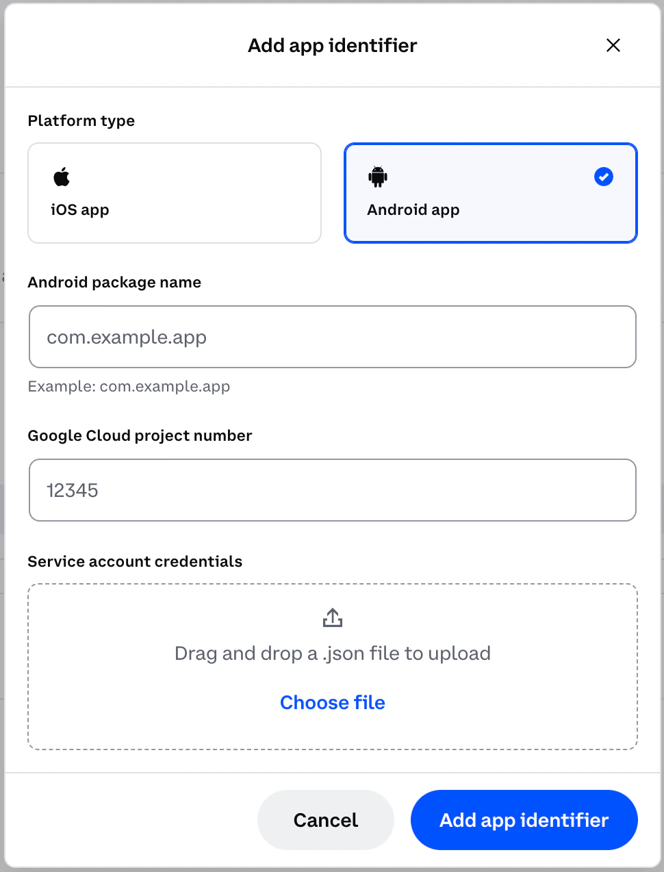 Add Android App modal in CDP Portal