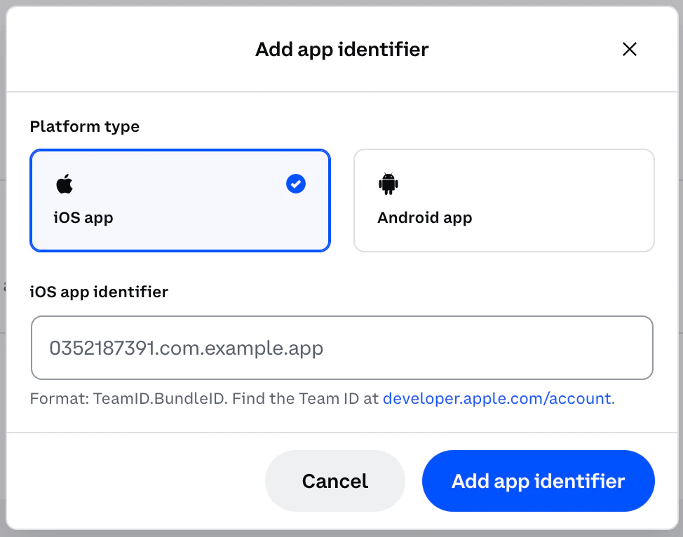 Add iOS App modal in CDP Portal