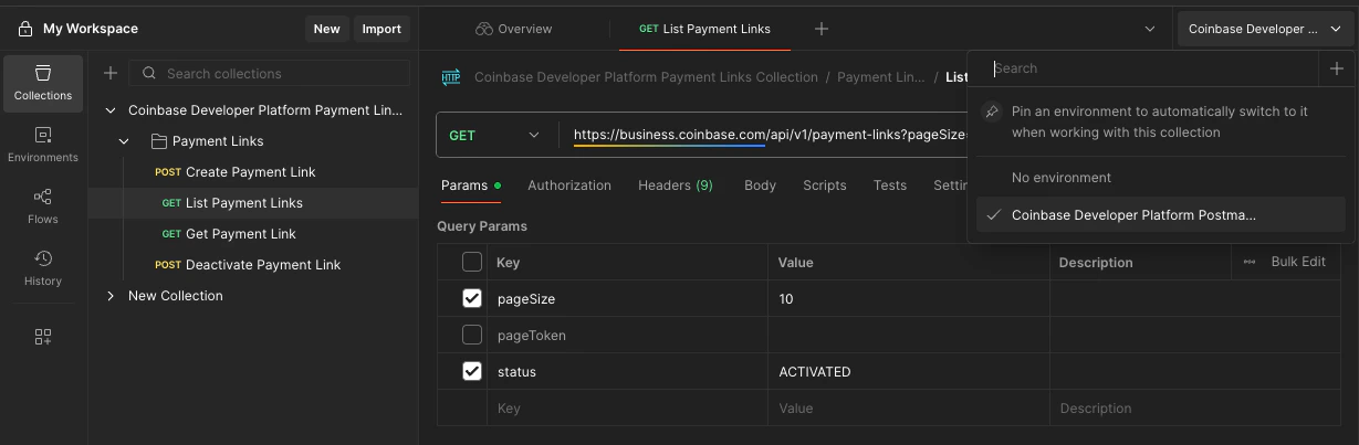 Postman request screen showing Coinbase Developer Platform Postman Environment