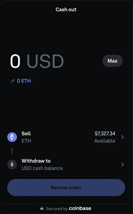 Coinbase Offramp cash out screen