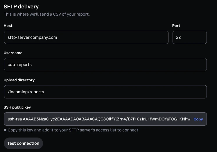 SFTP delivery configuration screen