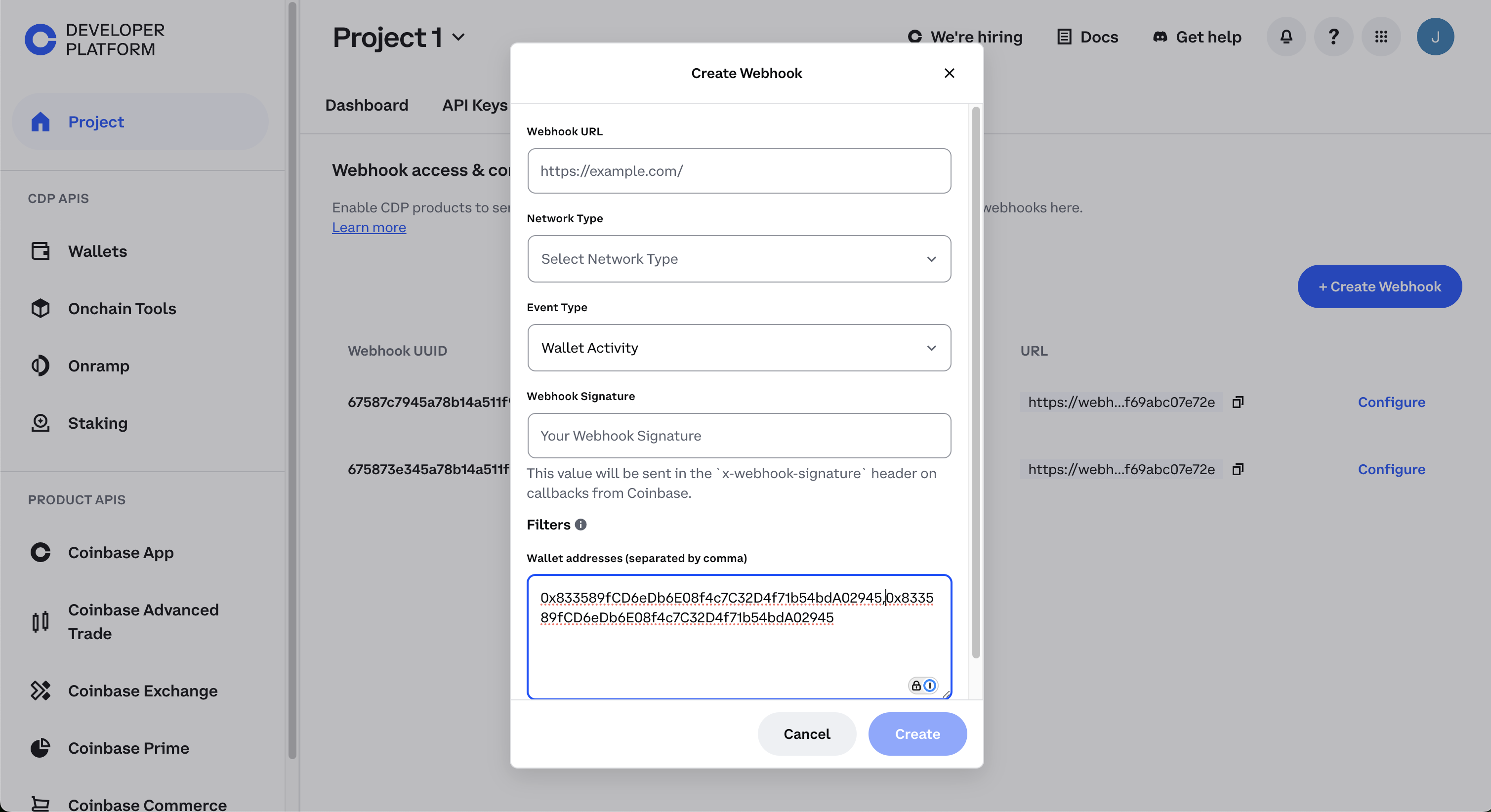 To create a webhook, click Create Webhook button.