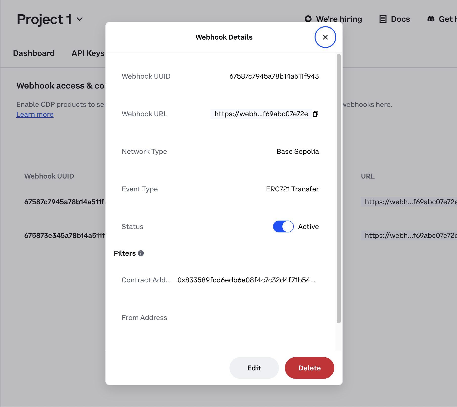 To activate or deactivate a webhook, click the switch icon on the webhook card.