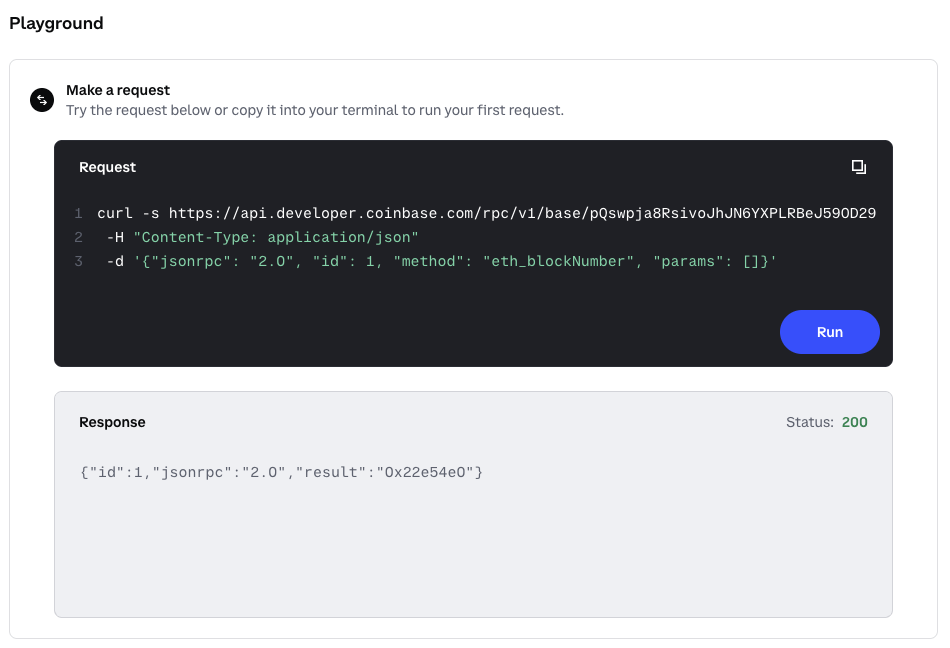 Node Playground RPC call results showing current block number