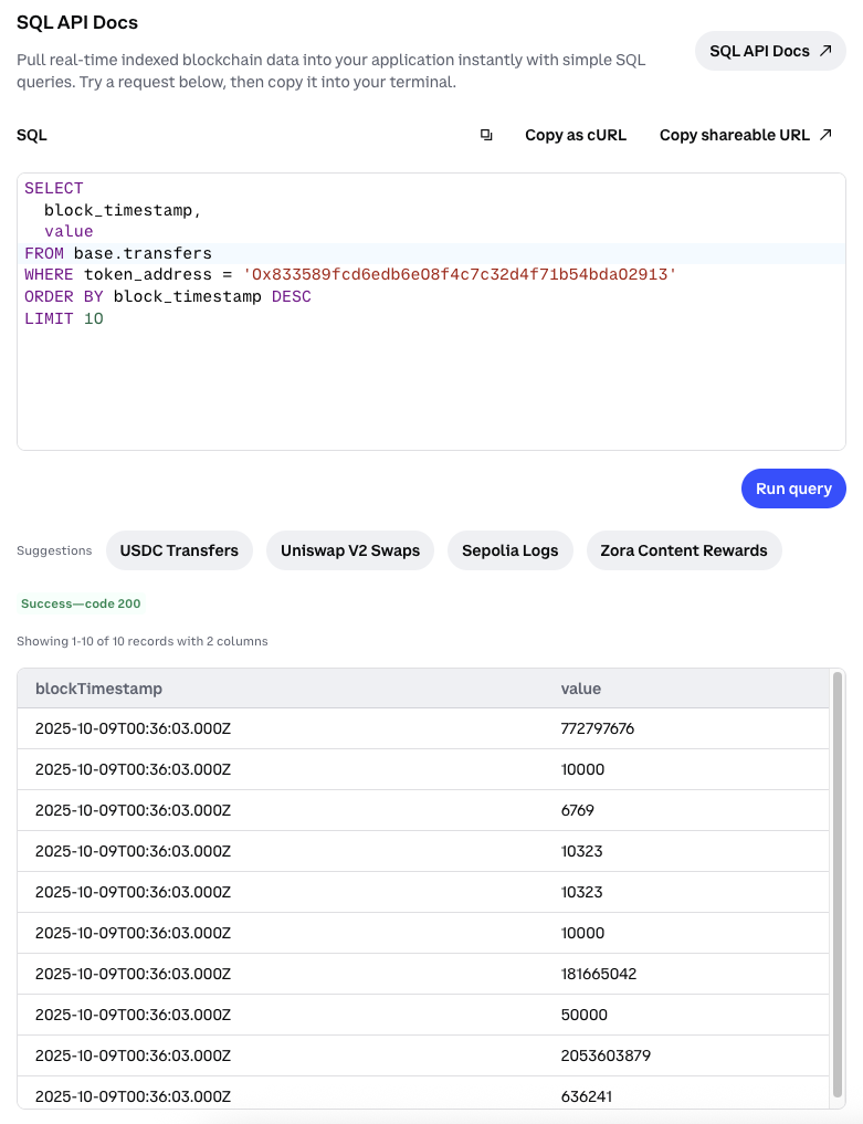 SQL Playground query results showing USDC transfers