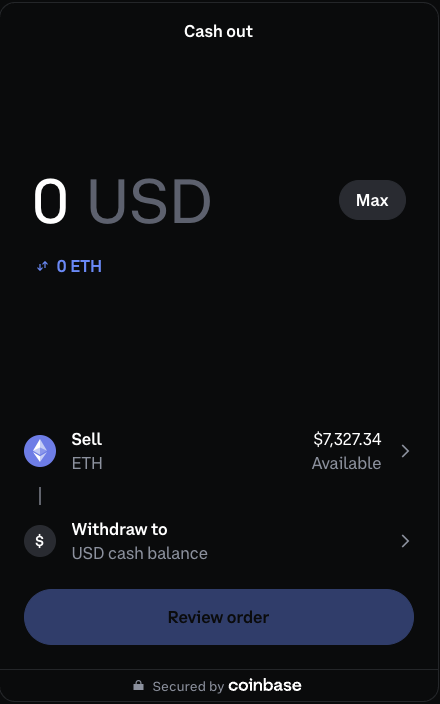 Coinbase Offramp cash out screen