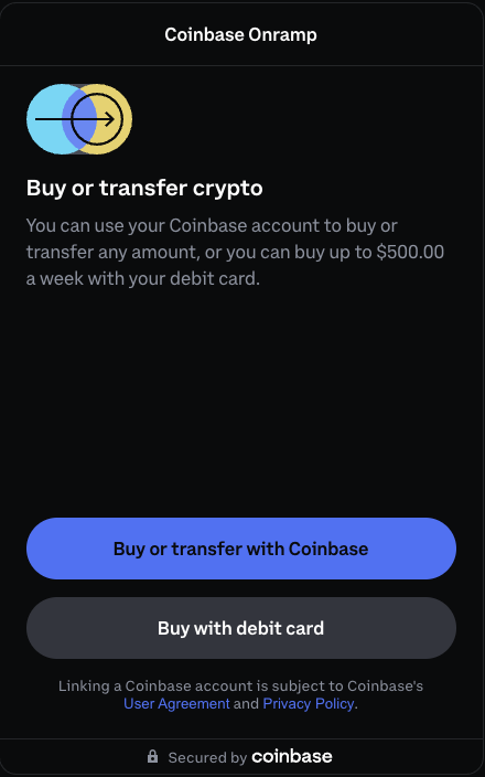 Coinbase Onramp buy or transfer crypto screen