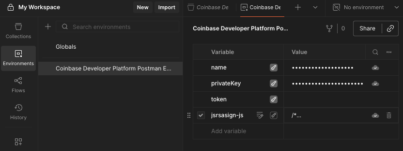 Postman environment screen showing Coinbase Developer Platform Postman Environment in left sidebar