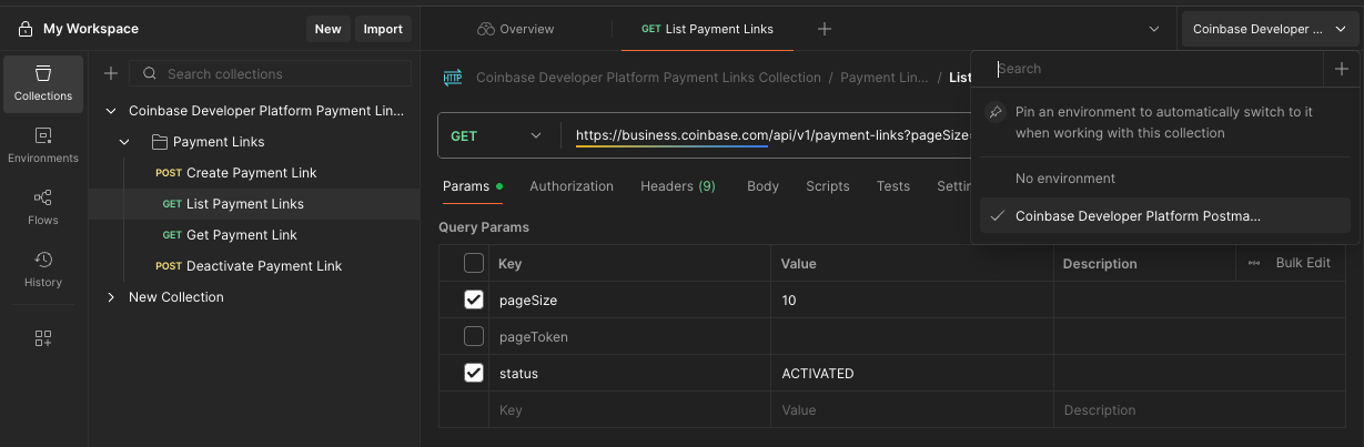 Postman request screen showing Coinbase Developer Platform Postman Environment