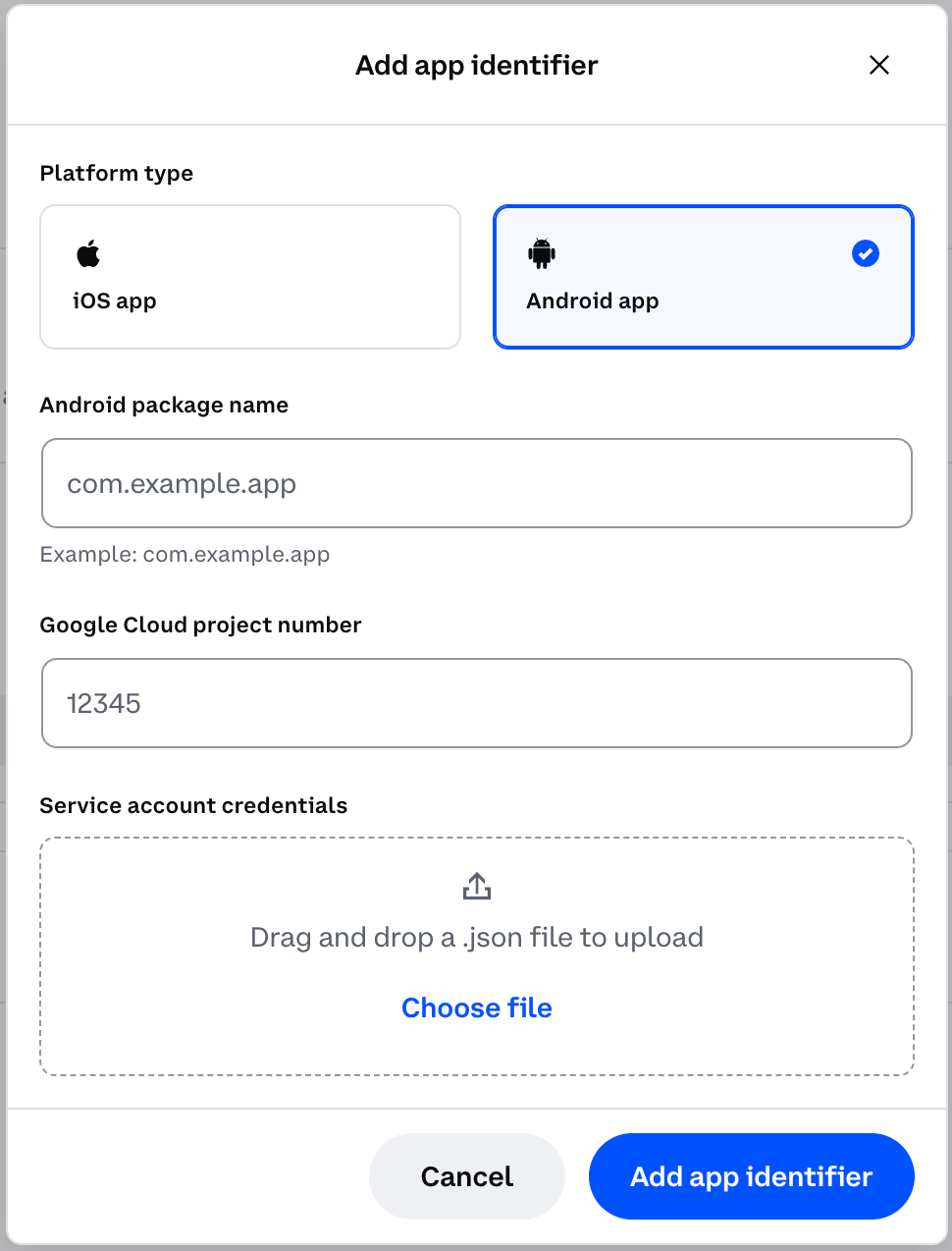 Add Android App modal in CDP Portal