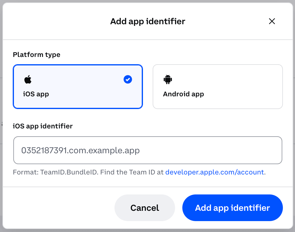 Add iOS App modal in CDP Portal