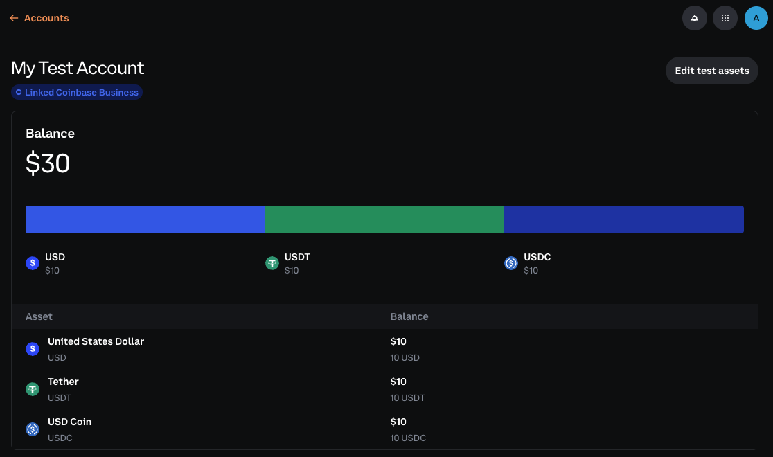 Sandbox account showing test balances for USD, USDT, and USDC