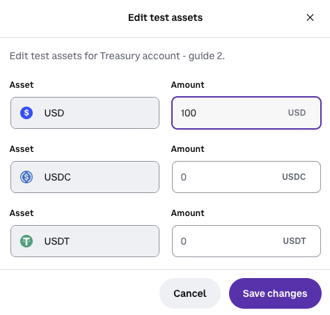 The Edit test assets modal in the CDP Portal, with the USD amount set to 100.