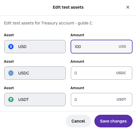 The Edit test assets modal in the CDP Portal, with the USD amount set to 100.