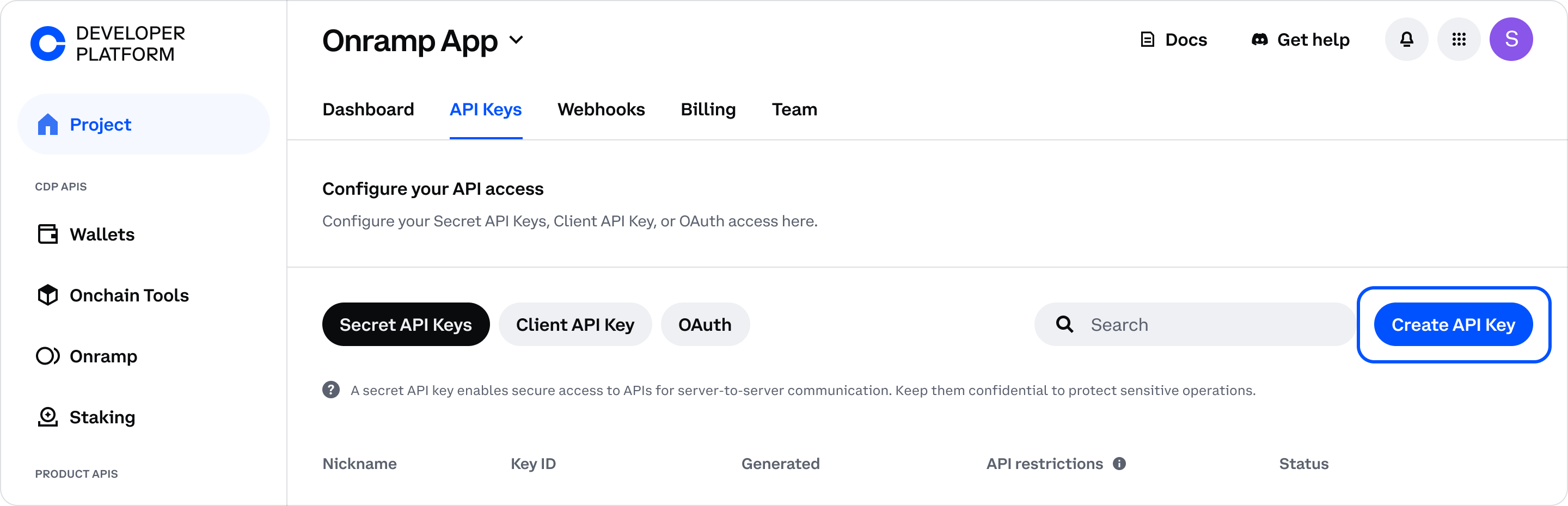 Create API Key button in CDP dashboard