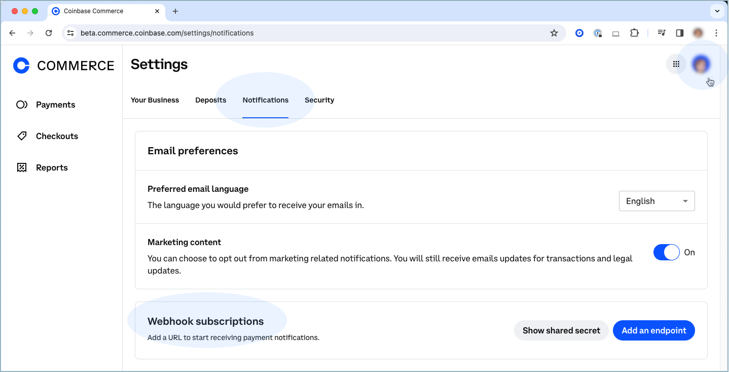 Add the endpoint of a 3rd party app in Coinbase Commerce to create a webhook.
