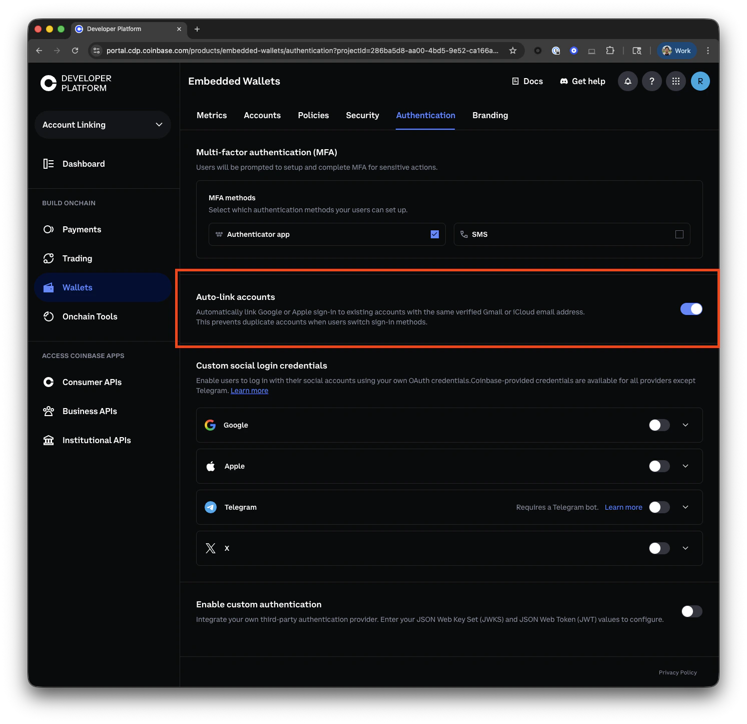 Auto-link accounts toggle in CDP Portal Authentication settings