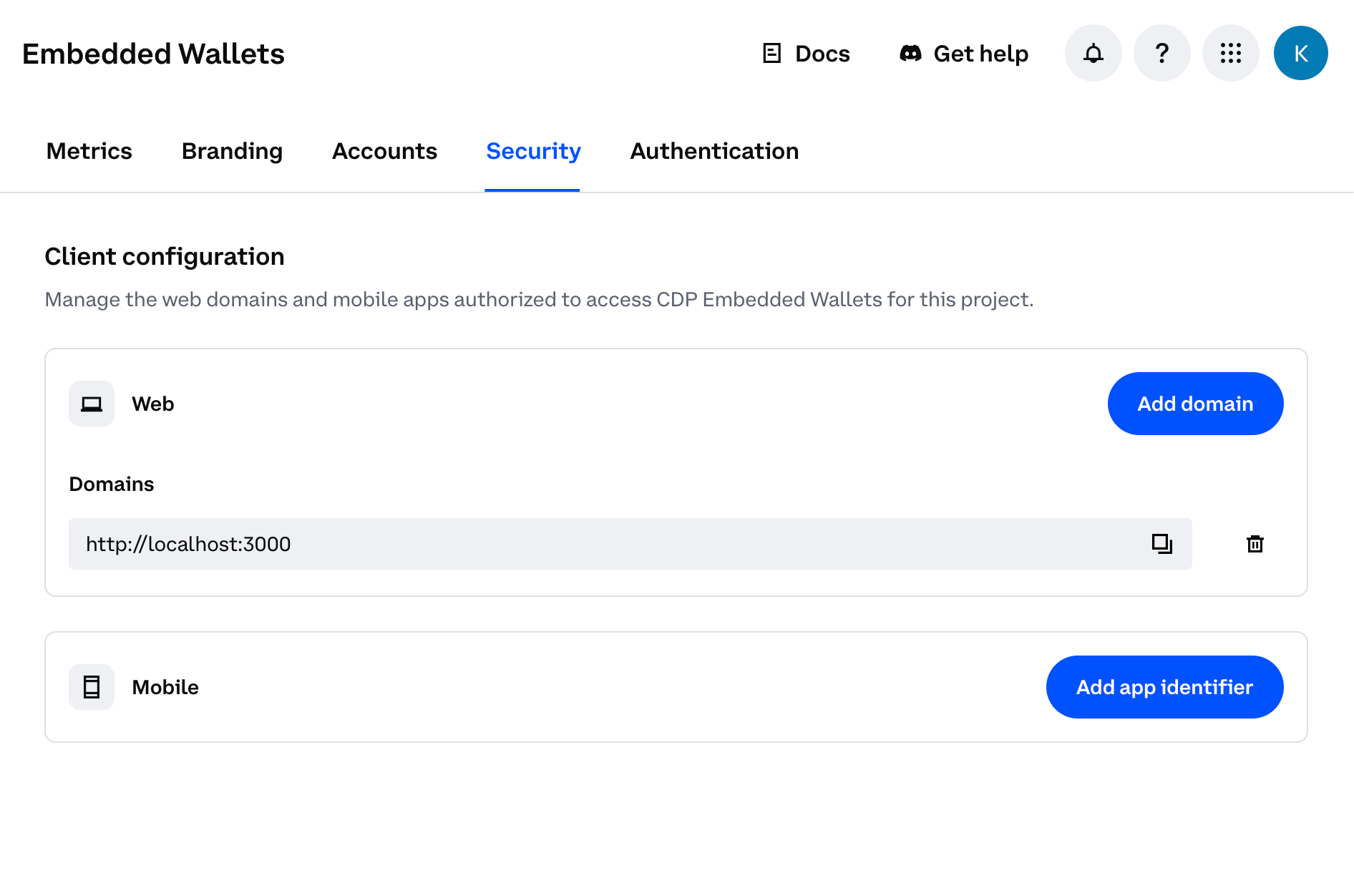 Mobile Clients section in the Security tab of CDP Portal