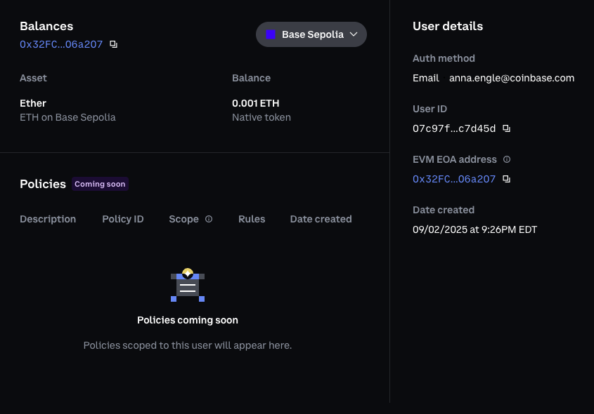 User account details showing balances and policies