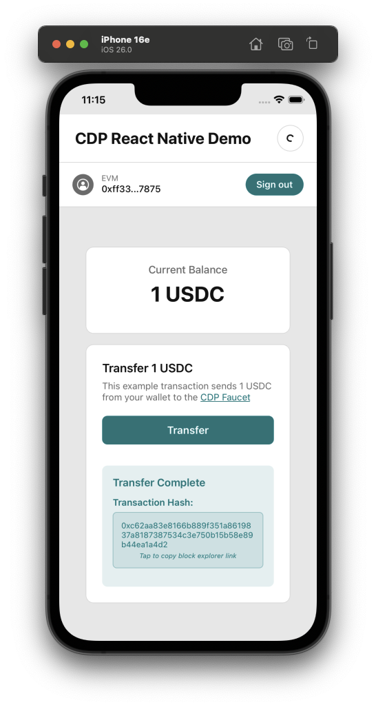 React Native wallet demo showing transaction flow