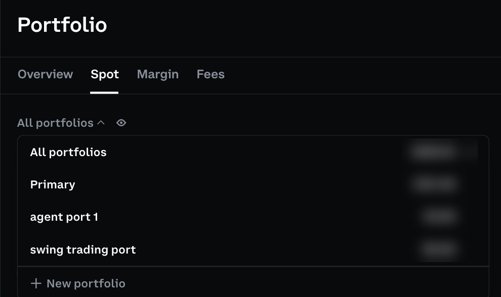 The All portfolios dropdown on the Coinbase Advanced Spot tab, with New portfolio at the bottom