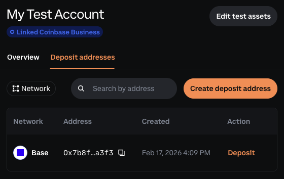Deposit addresses tab showing list of deposit addresses